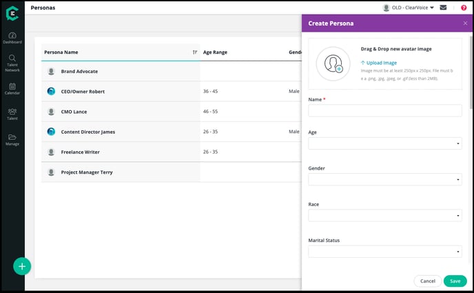 ClearVoice create personas modal