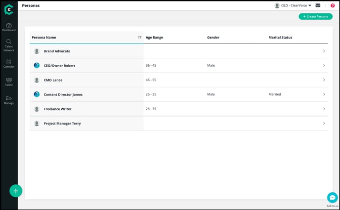 ClearVoice personas view