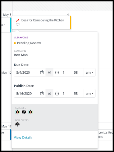Content calendar assignment info popup