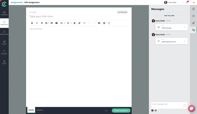 ClearVoice assignment editor with messaging pane