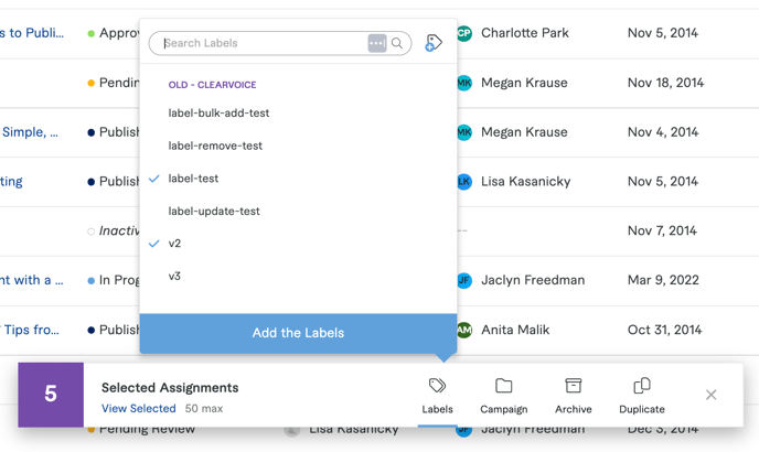 Bulk action to add label(s) in ClearVoice