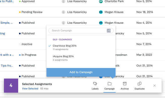Using bulk actions to add assignments to a campaign in ClearVoice