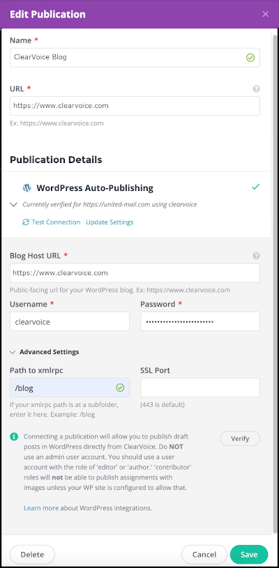 Publication setup modal for WordPress